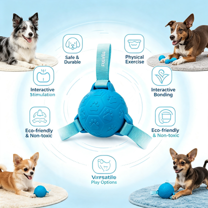 Interactive Dog Ball Toy with 3 Pull‑Tabs, Durable Rubber Chew Toy for Small Medium Large Dogs
