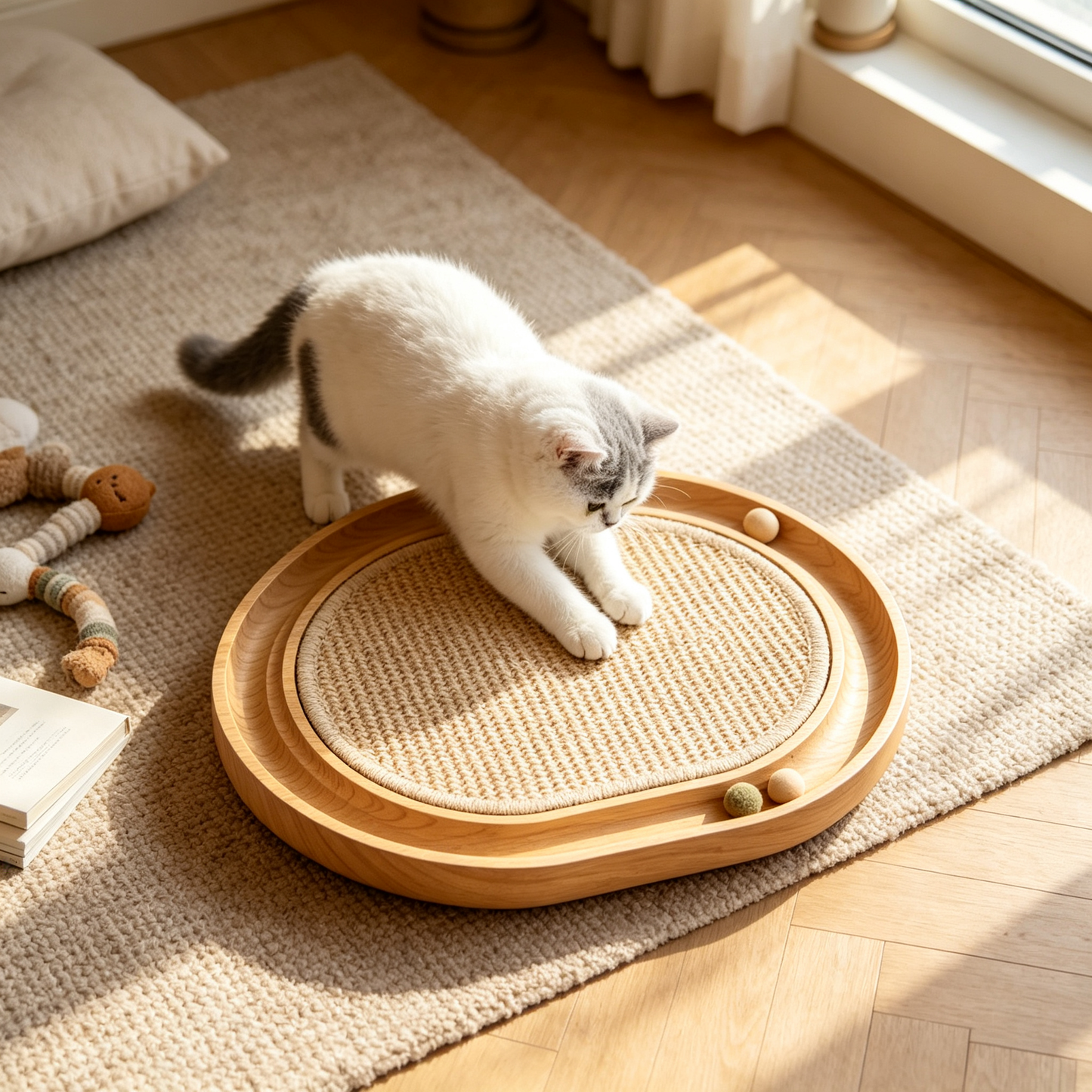 Solid Wood Interactive Sisal Cat Scratcher Toy Tray