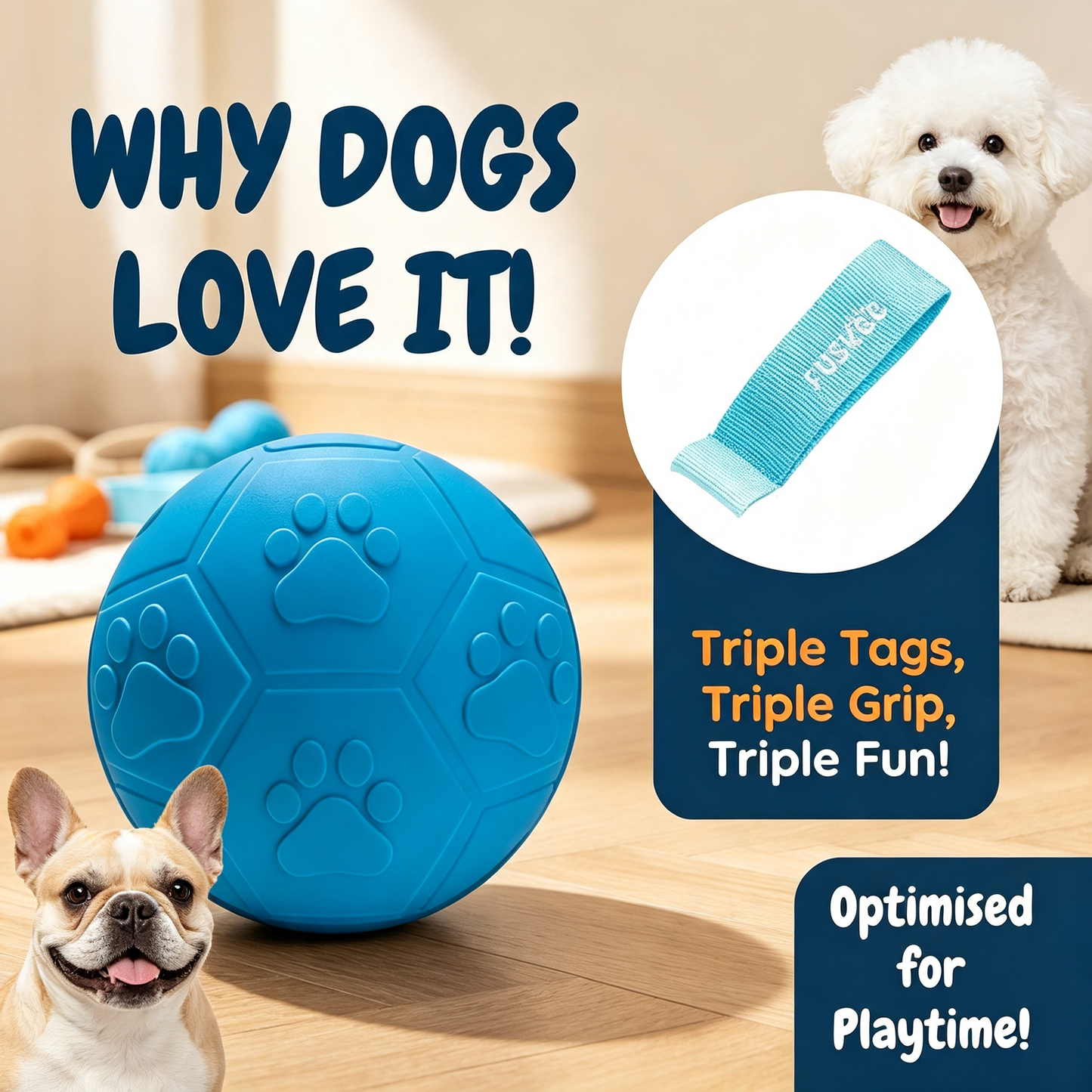 Interactive Dog Ball Toy with 3 Pull‑Tabs, Durable Rubber Chew Toy for Small Medium Large Dogs