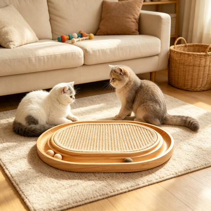 Solid Wood Interactive Sisal Cat Scratcher Toy Tray