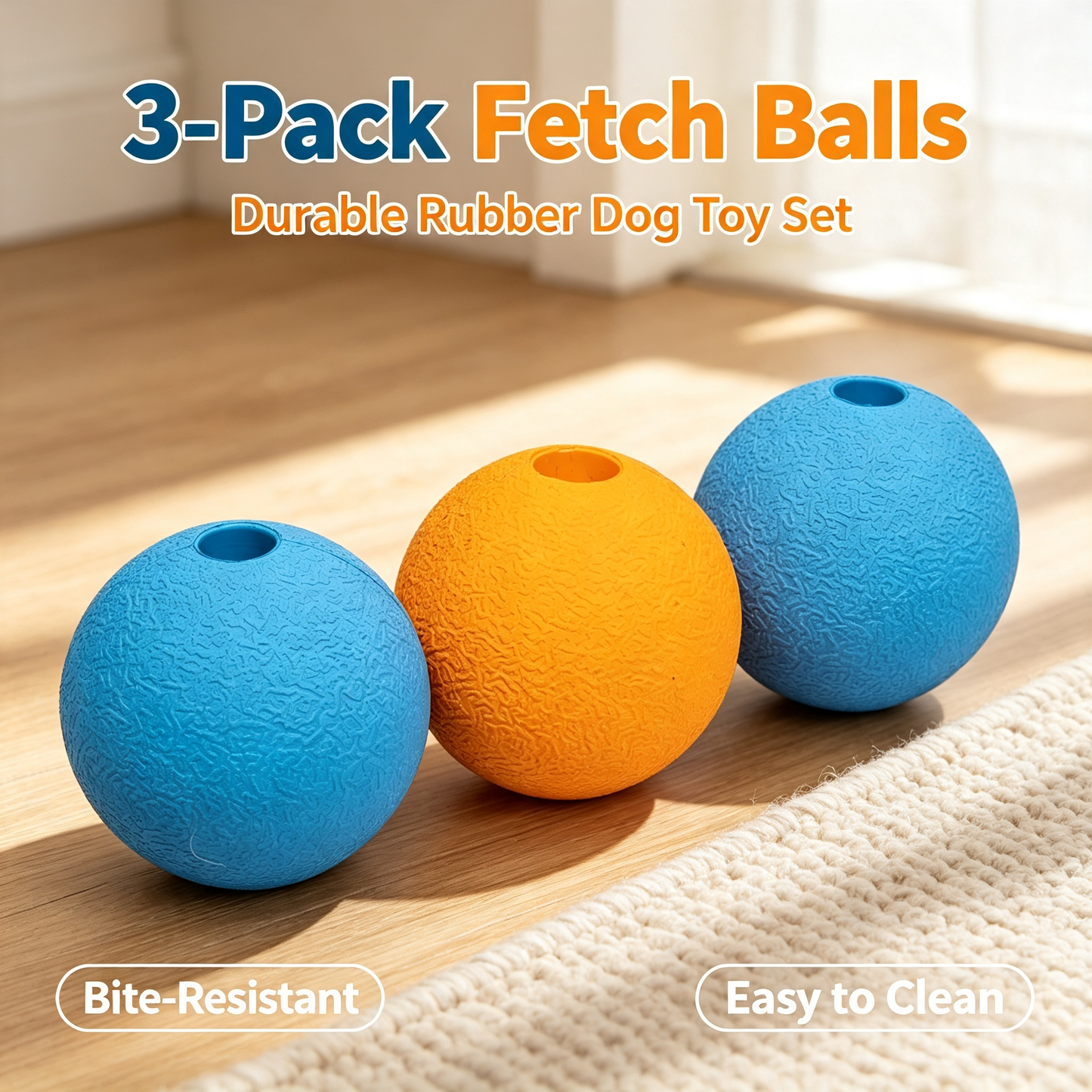 Natural Rubber Dog Fetch Balls, 3‑Pack Non‑Slip Chew Toy Balls for Dogs