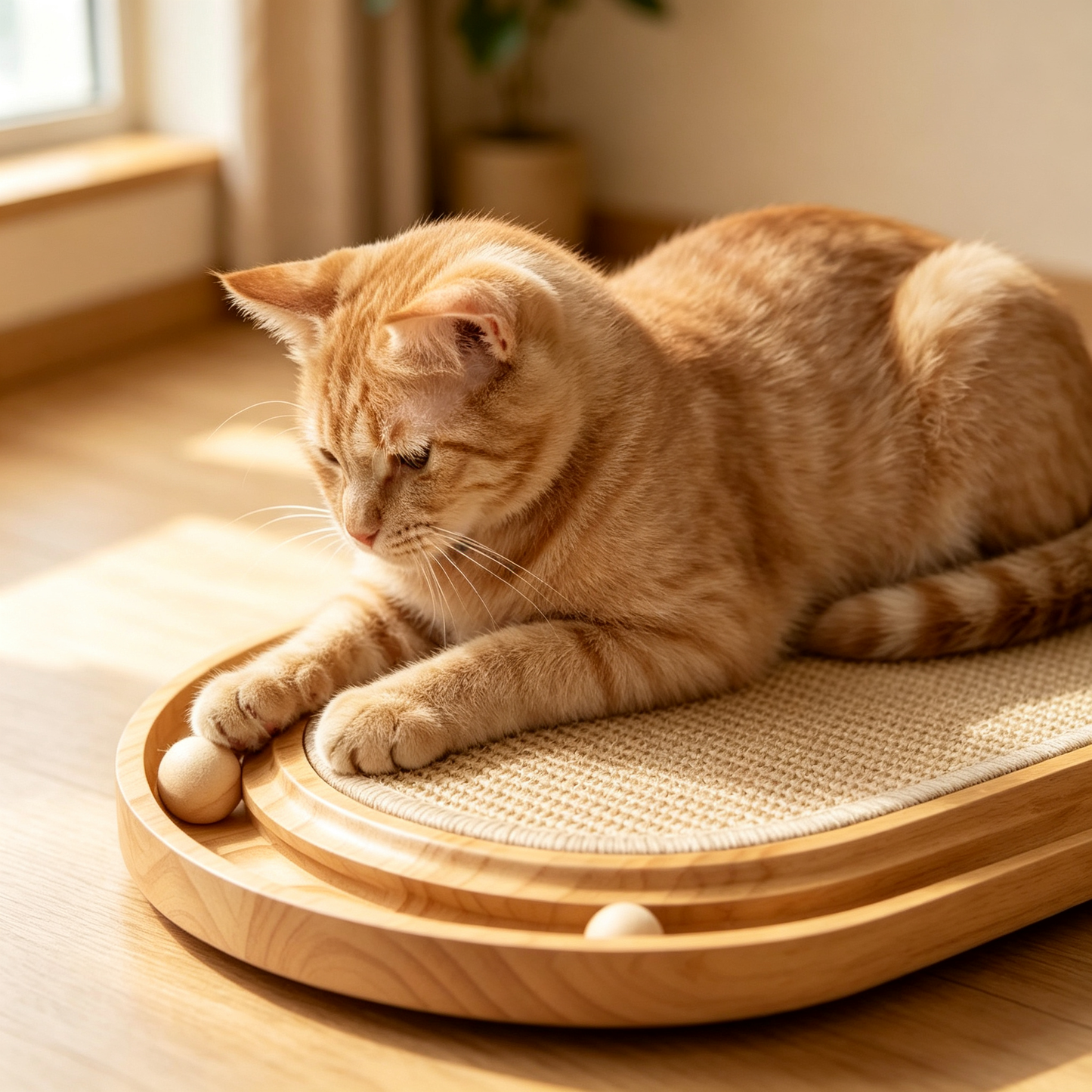 Solid Wood Interactive Sisal Cat Scratcher Toy Tray