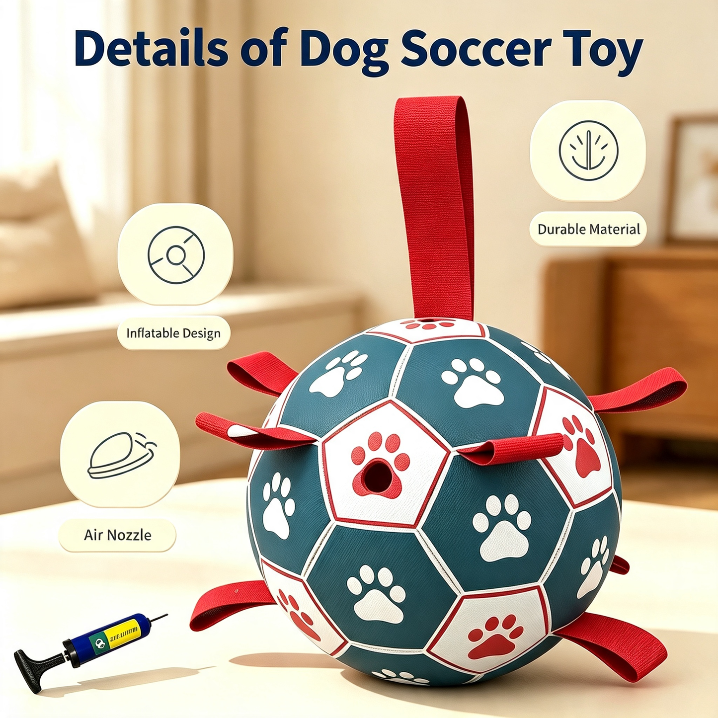 Dog Soccer Ball Toy with Webbing Tabs, Interactive Floating Fetch Toy for Medium Large Dogs