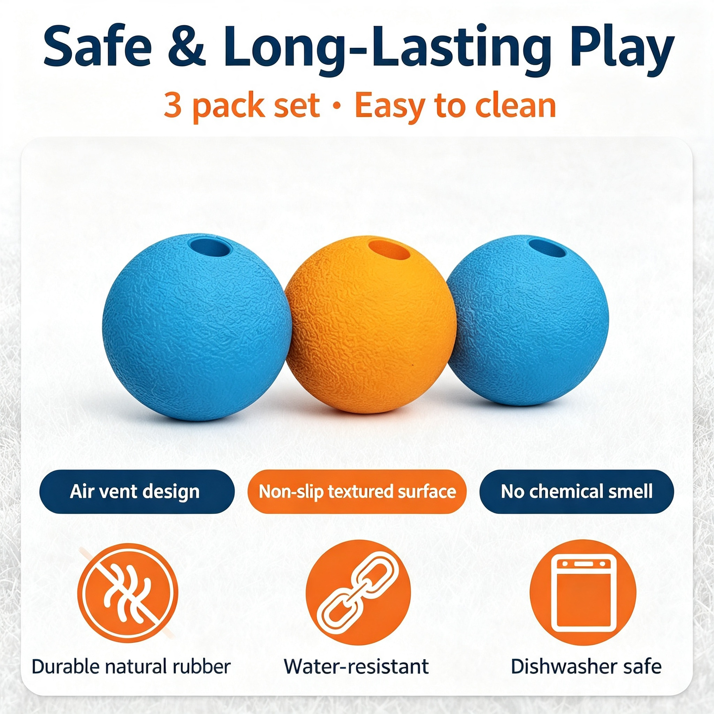 Natural Rubber Dog Fetch Balls, 3‑Pack Non‑Slip Chew Toy Balls for Dogs