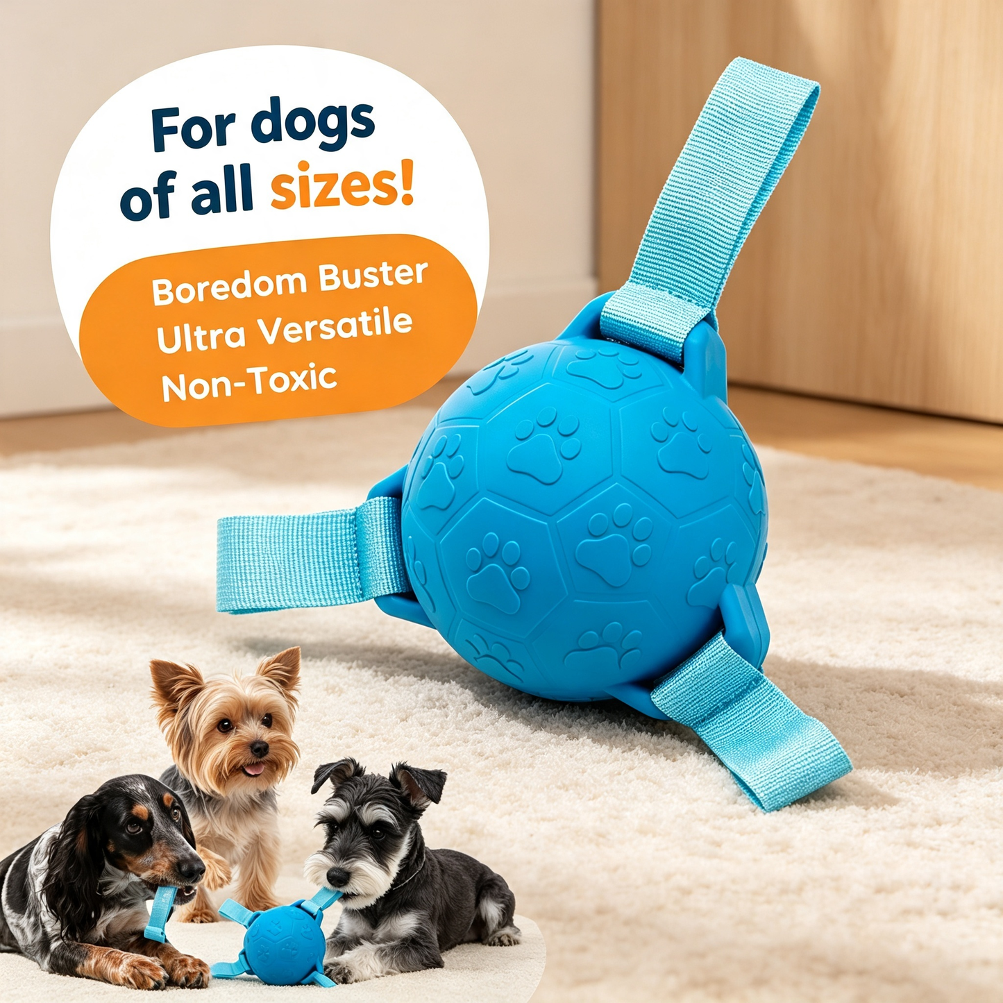 Interactive Dog Ball Toy with 3 Pull‑Tabs, Durable Rubber Chew Toy for Small Medium Large Dogs