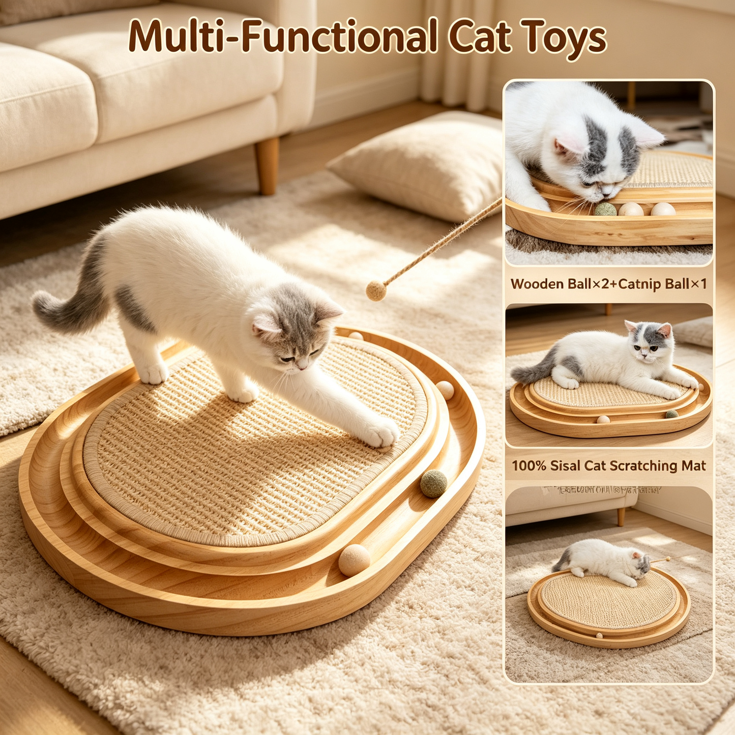 Solid Wood Interactive Sisal Cat Scratcher Toy Tray